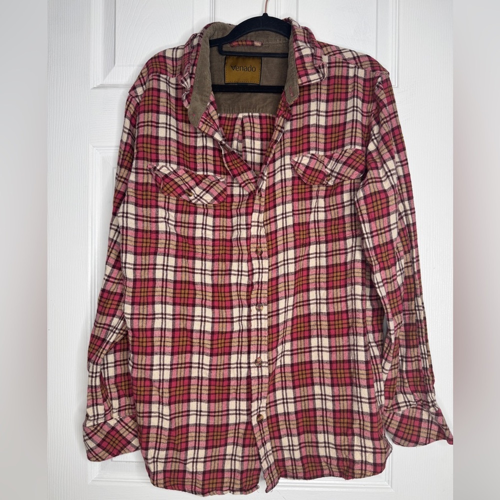 VENADO Men’s Plaid Flannel Button‎ Down Maroon Tan Cream Size XL